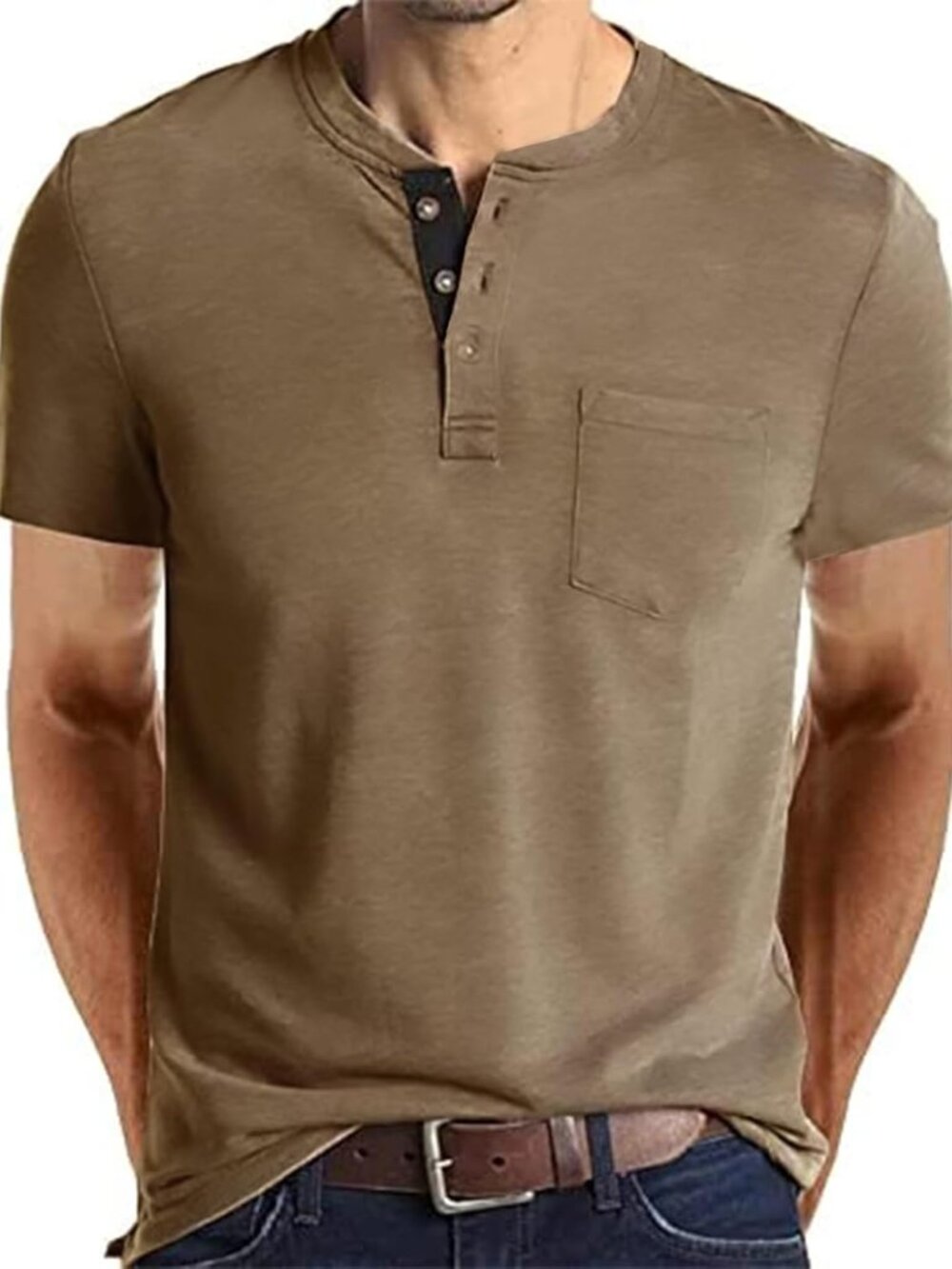 Mens Fashion Henley Shirts short Sleeve Button Cotton T-Shirt with Pocket